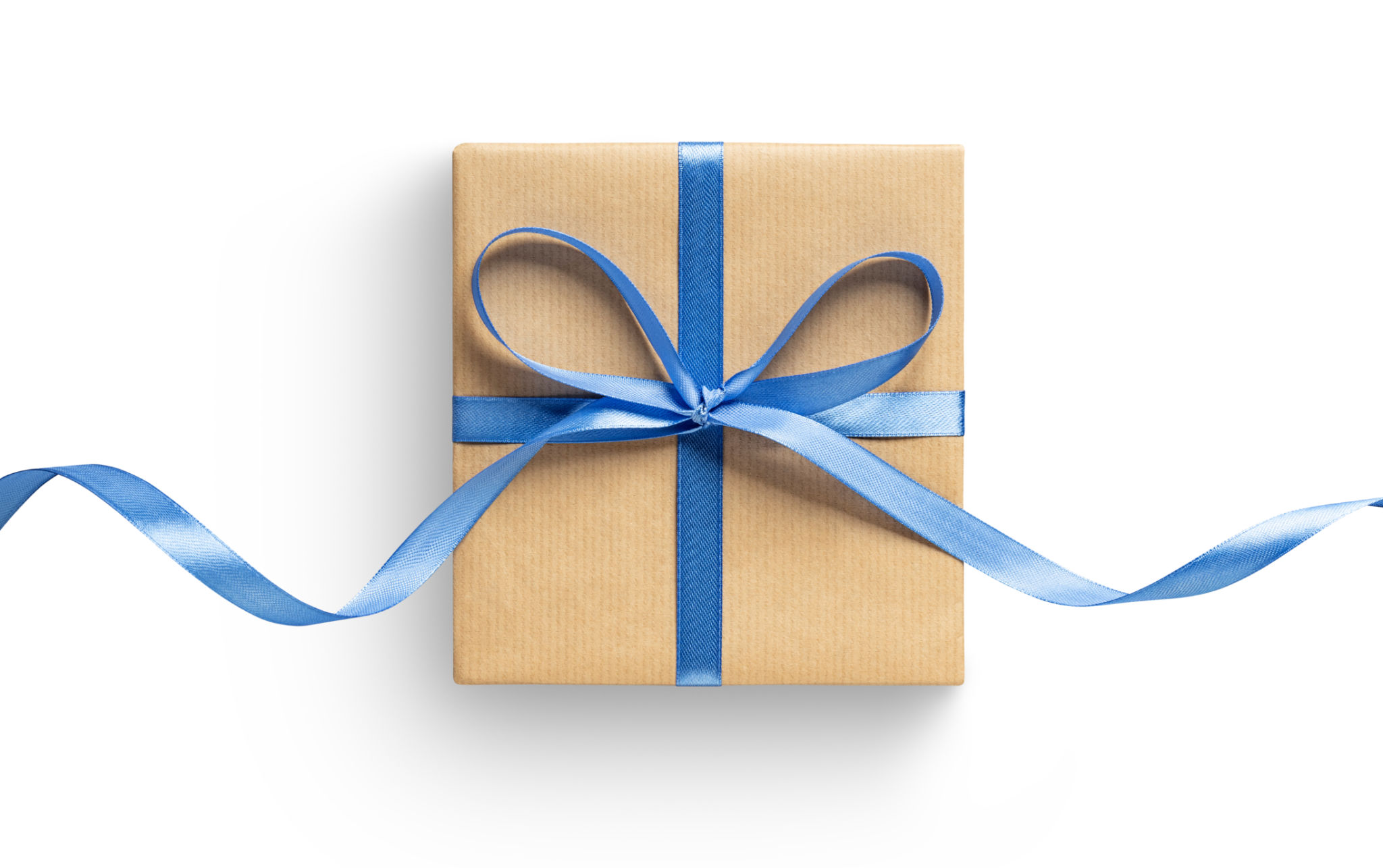 Gift box with blue ribbon on white