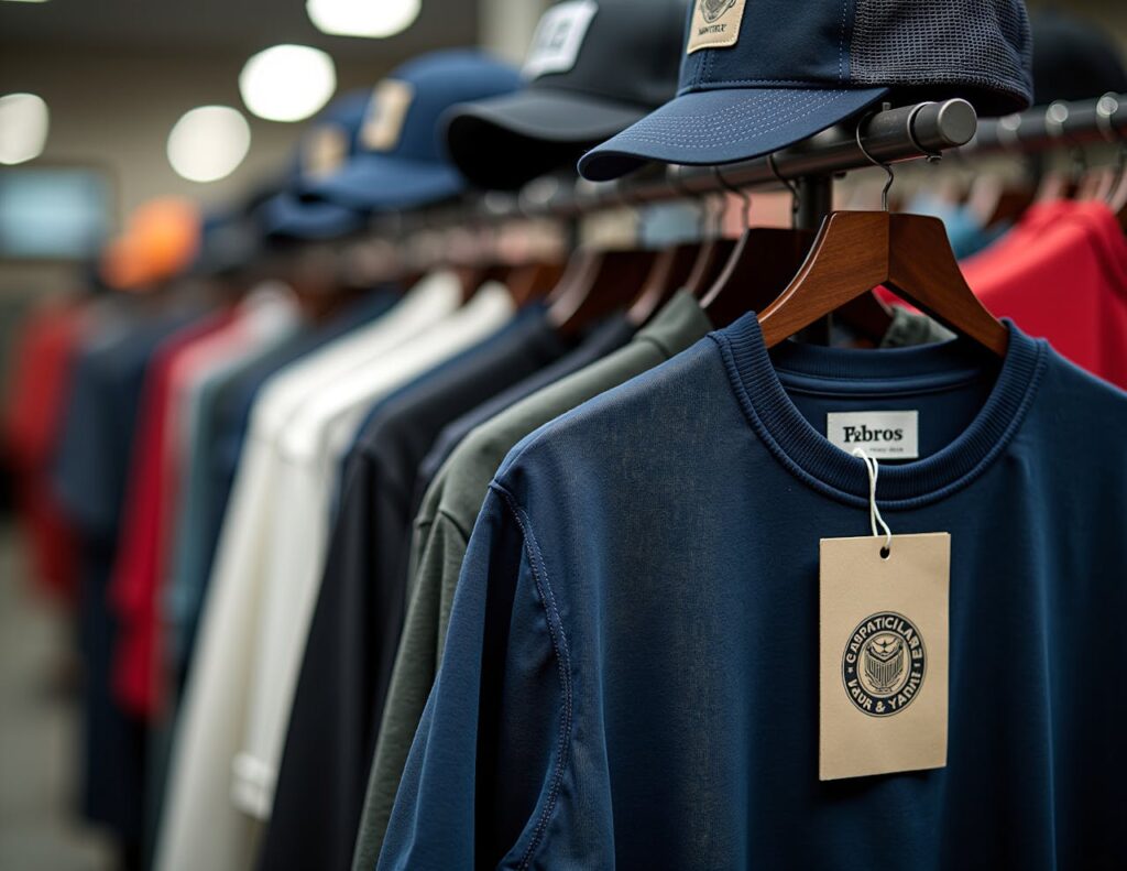 Close-up of branded t-shirts and caps hanging in a retail clothing store.