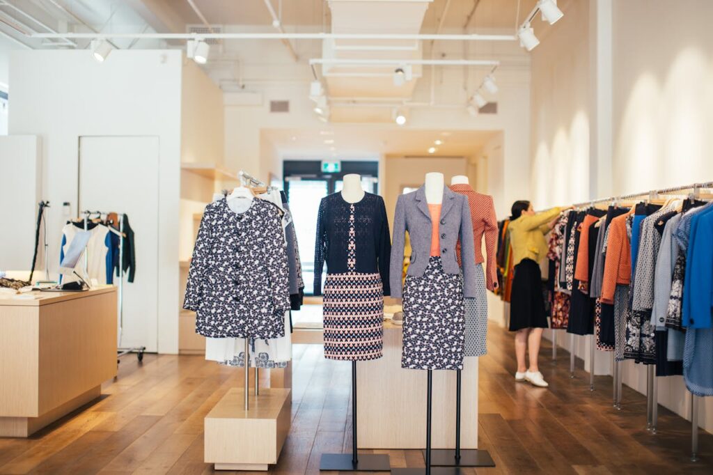 Side view of unrecognizable female seller standing and adjusting stylish colorful clothes hanging on rail in boutique in daytime